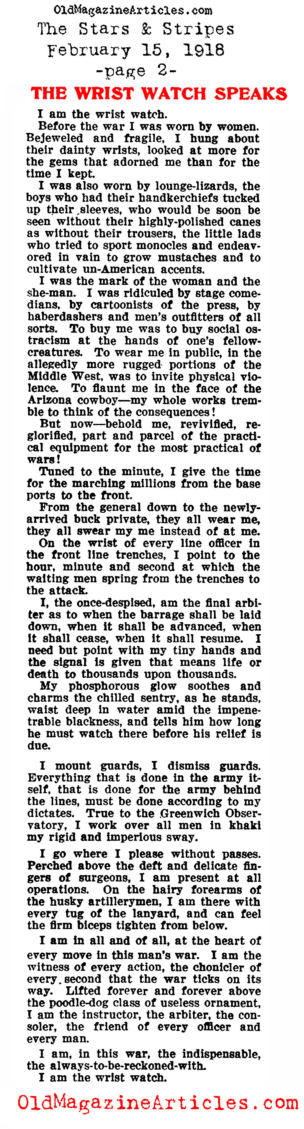 How the  Furnace of  War Made the Wrist Watch a Musculine  Fashion Accessory (The Stars and Stripes, 1918)